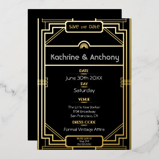 Art Deco Black en Gold Gatsby Save the Date Folie Uitnodiging (Voorkant / Achterkant)