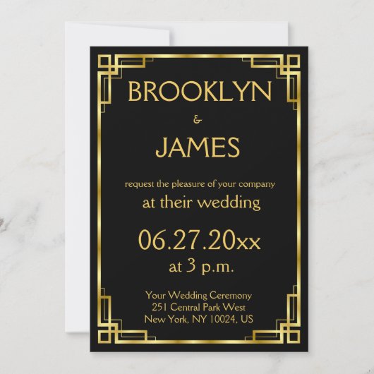 Art Deco Black en Gold Wedding Invitations Kaart (Voorkant)