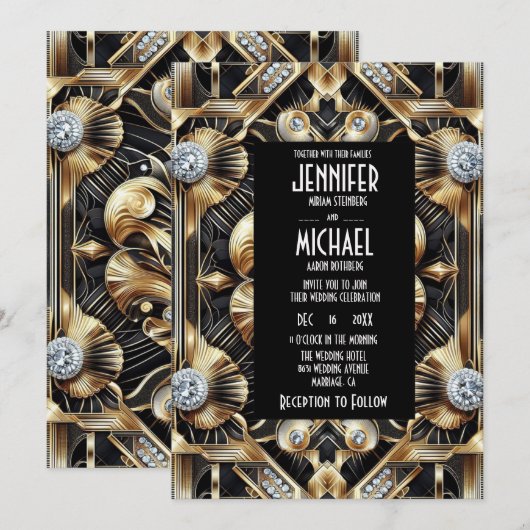Art Deco Black & Gold Diamond Wedding Invitations (Devant / Derrière)