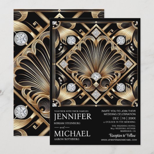 Art Deco Black & Gold Diamond Wedding Invitations (Devant / Derrière)