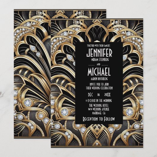Art Deco Black & Gold Diamond Wedding Invitations (Devant / Derrière)
