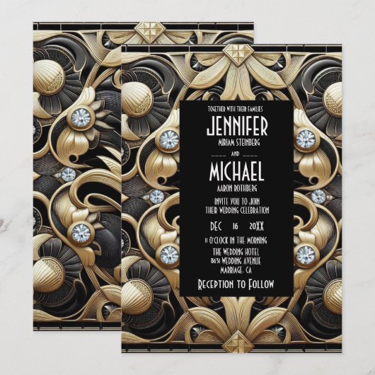 Art Deco Black & Gold Diamond Wedding Invitations (Devant / Derrière)