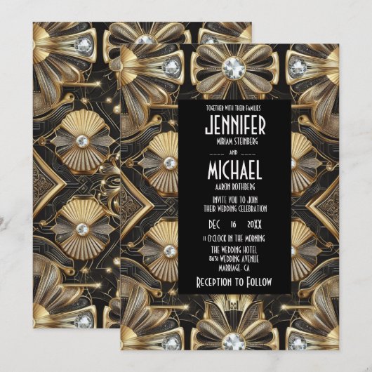 Art Deco Black & Gold Diamond Wedding Invitations (Devant / Derrière)
