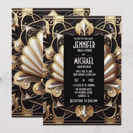 Art Deco Black & Gold Diamond Wedding Invitations (Devant / Derrière)