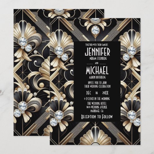Art Deco Black & Gold Diamond Wedding Invitations (Devant / Derrière)