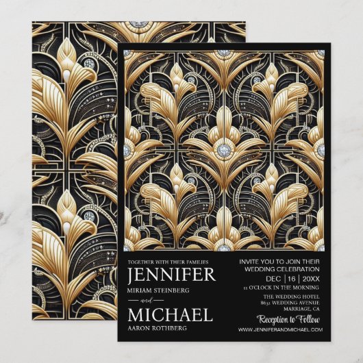 Art Deco Black & Gold Diamond Wedding Invitations (Devant / Derrière)