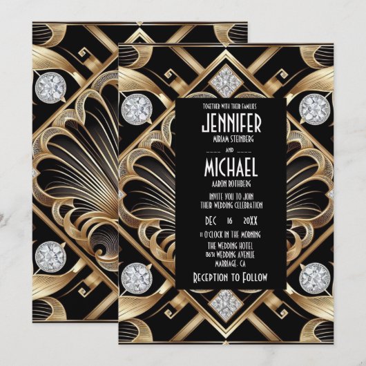 Art Deco Black & Gold Diamond Wedding Invitations (Devant / Derrière)