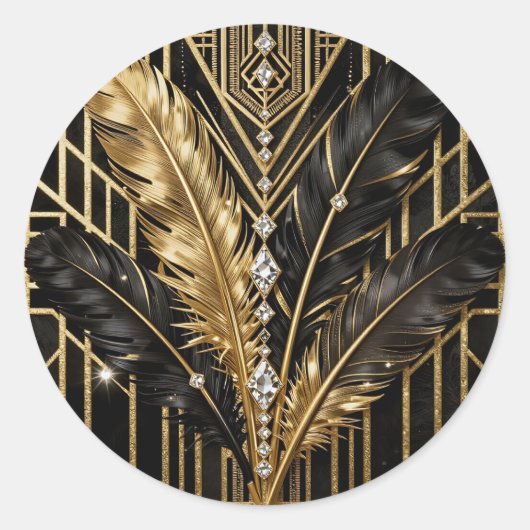 Art Deco Black Gold Feathers Ronde Sticker (Voorkant)