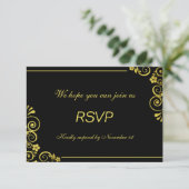 Art Deco Black Gold Floral Swirls Weddenschap RSVP (Staand voorkant)
