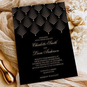 Art Deco Black & Gold Foil geperste Floral Wedding Folie Uitnodiging