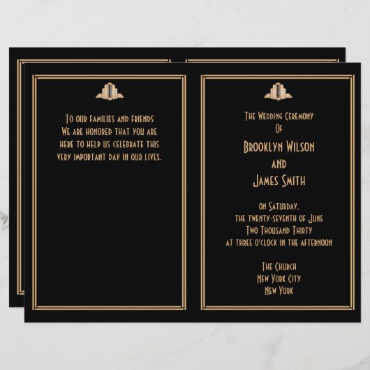 Art Déco Black Gold Great Gatsby programmes de mar (Devant / Derrière)