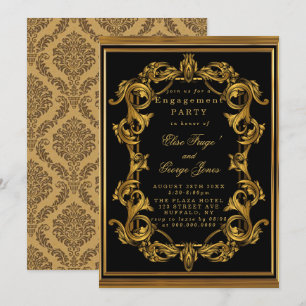 Art Deco Black Gold Royal Engagement Party Invita Kaart