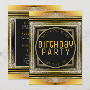 Art Deco Black Golden 60th Birthday Party Invite Kaart