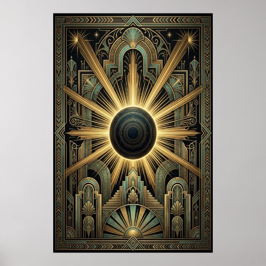 Art Deco Black Hole Celestial Poster | Gold Teal  (Devant)