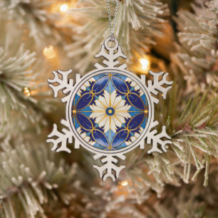 Art Deco Blauw Goud Bloemen Patroon Kerst Decor Tin Sneeuwvlok Ornament