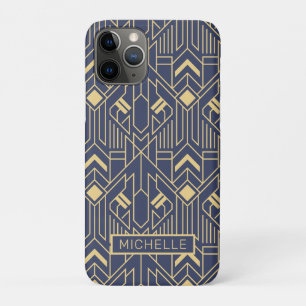 Art Deco Blauw Goud Geometrische Gepersonaliseerde iPhone 11 Pro Hoesje