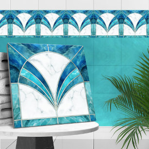 Art Deco Blauw Marmer en Aquamarijn Tegeltje