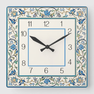Art Deco Blauwe Bloem Vierkante Klok