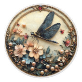 Art Deco Blauwe Libel Roze Bloemen Parels Keramische Knop (Voorkant)