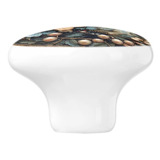 Art Deco Blauwe Libel Roze Bloemen Parels Keramische Knop (Zijkant)