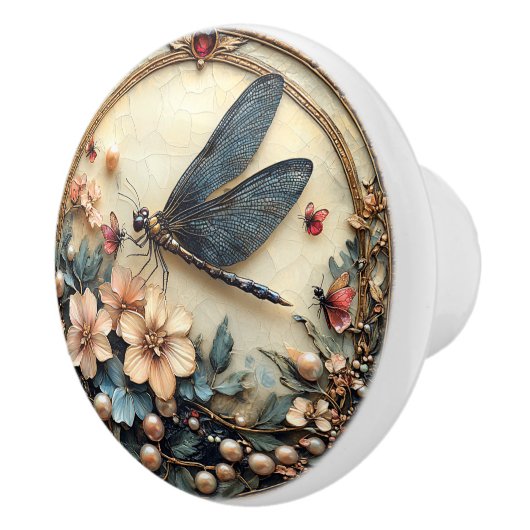 Art Deco Blauwe Libel Roze Bloemen Parels Keramische Knop (Rechts)