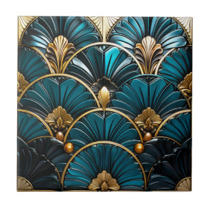 Art Deco Blauwe Veer Ventilatoren en Gouden Accent Tegeltje