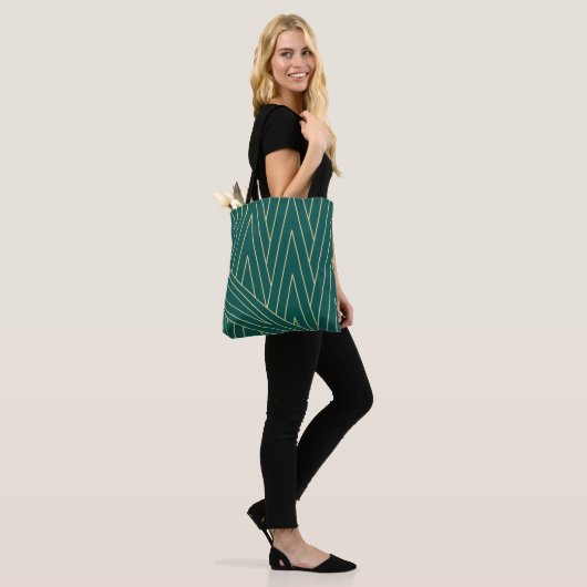 Art Deco Blauwgroen/Groen en Gold Canvas tas (Op model)