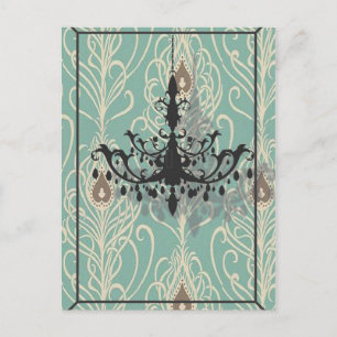 Art Deco blauwgroen pauw zwarte kroonluchter Briefkaart