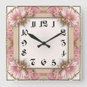 Art Deco Bloem Roze Vierkante Klok