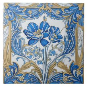 Art Deco Bloemen Art Nouveau Bloemen Goud en Blauw Tegeltje