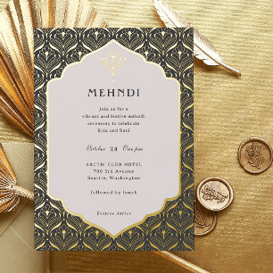 Art Deco Bloemen Lotus Mehndi Goud Folie Uitnodiging