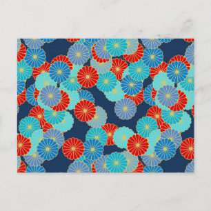 Art Deco-bloempatroon - blauw, turkooizen en rood Briefkaart