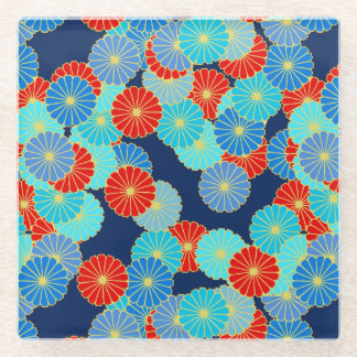 Art Deco-bloempatroon - blauw, turkooizen en rood Glazen Onderzetter