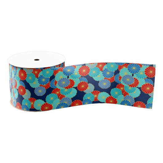Art Deco-bloempatroon - blauw, turkooizen en rood Grosgrain Lint (Spoel)