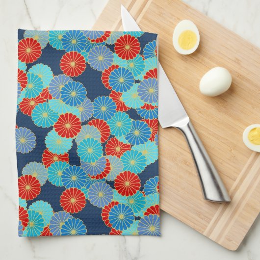 Art Deco-bloempatroon - blauw, turkooizen en rood Theedoek (Quarter Fold)
