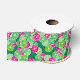Art Deco bloempatroon - tinten groen, fuchsia Grosgrain Lint