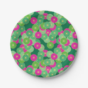 Art Deco bloempatroon - tinten groen, fuchsia Papieren Bordje