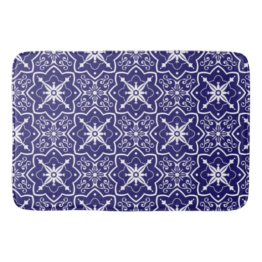 Art Deco Blue en White, Abstract vertakt patroon Badmat (Voorkant)