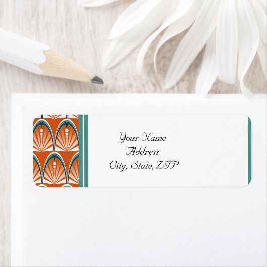 Art Deco bogen in Sinaasappel en Blauwgroen bruilo Etiket (Insitu)