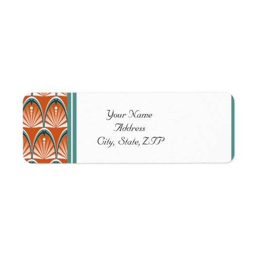 Art Deco bogen in Sinaasappel en Blauwgroen bruilo Etiket (Voorkant)