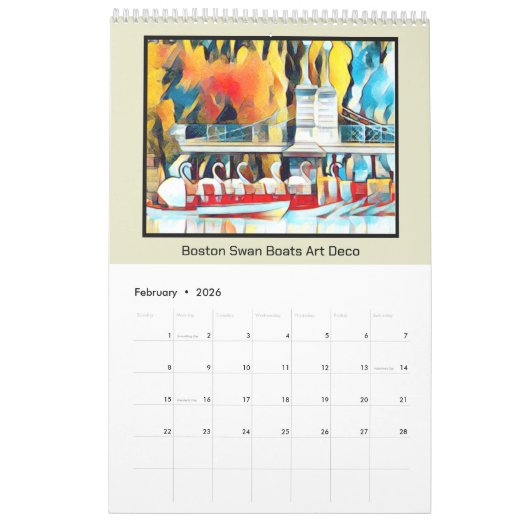 Art Deco Boston Swan Boats Kalender (Feb 2026)