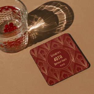 Art Deco Bourgondië & Goud 40ste Verjaardagsfeest Vierkante Kartonnen Onderzetter