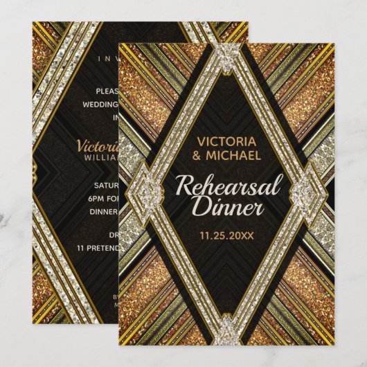 Art Deco Bronze Glamor Wedding Rehearsal Dinner Kaart (Voorkant / Achterkant)