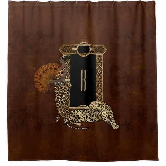 Art Deco Brown Leopard Monogram Douchegordijn (Voorkant)