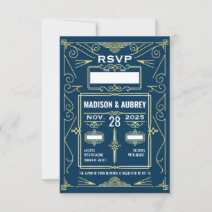 Art Deco Bruiloft Classy Goud Blauw RSVP Reactie Kaartje