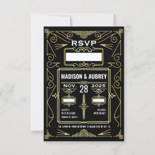 Art Deco Bruiloft Classy Goud Zwart RSVP Reactie Kaartje