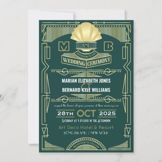 Art Deco Bruiloft Elegant Goud Groen Grote Gatsby Kaart (Voorkant)