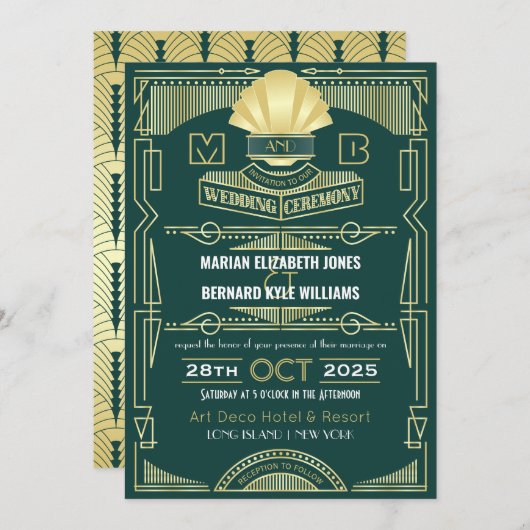 Art Deco Bruiloft Elegant Goud Groen Grote Gatsby Kaart (Voorkant / Achterkant)