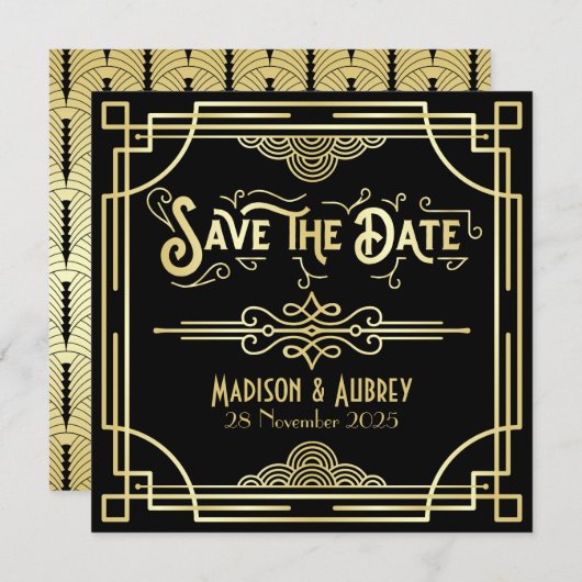 Art Deco Bruiloft Elegant Goud Zwart Grote Gatsby Save The Date (Voorkant / Achterkant)