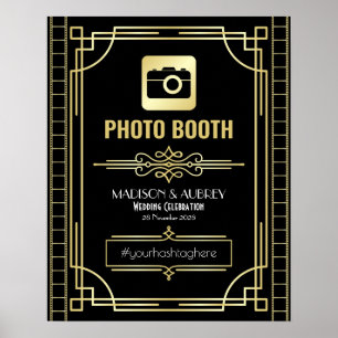 Art Deco Bruiloft Foto Booth Goud Zwart Feestbord Poster